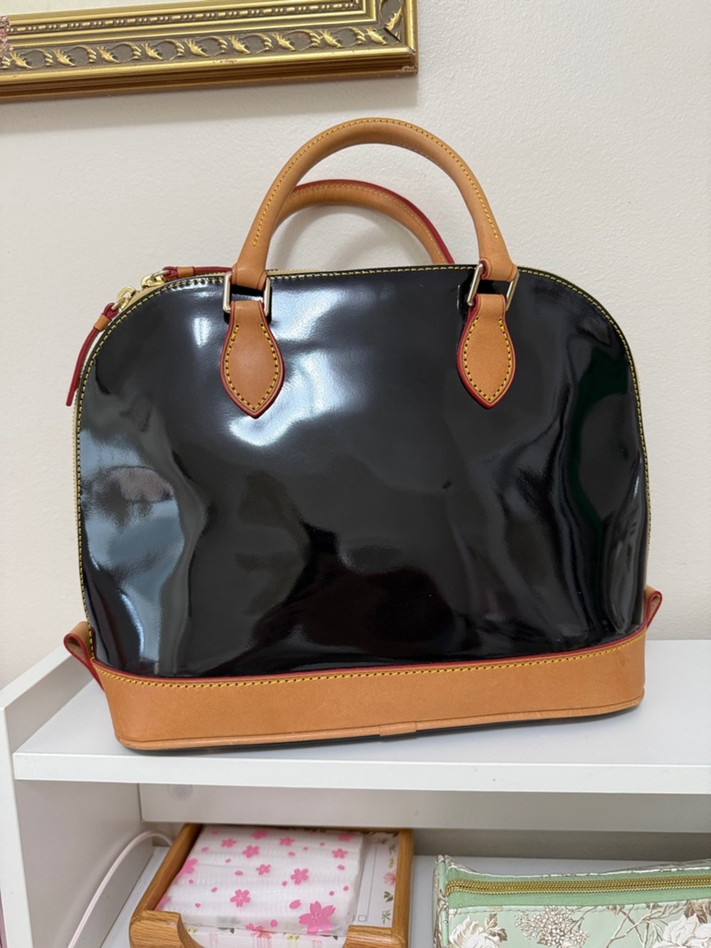 Dooney & Bourke Black Patent Satchel with Tan Trim - Picture 2 of 10